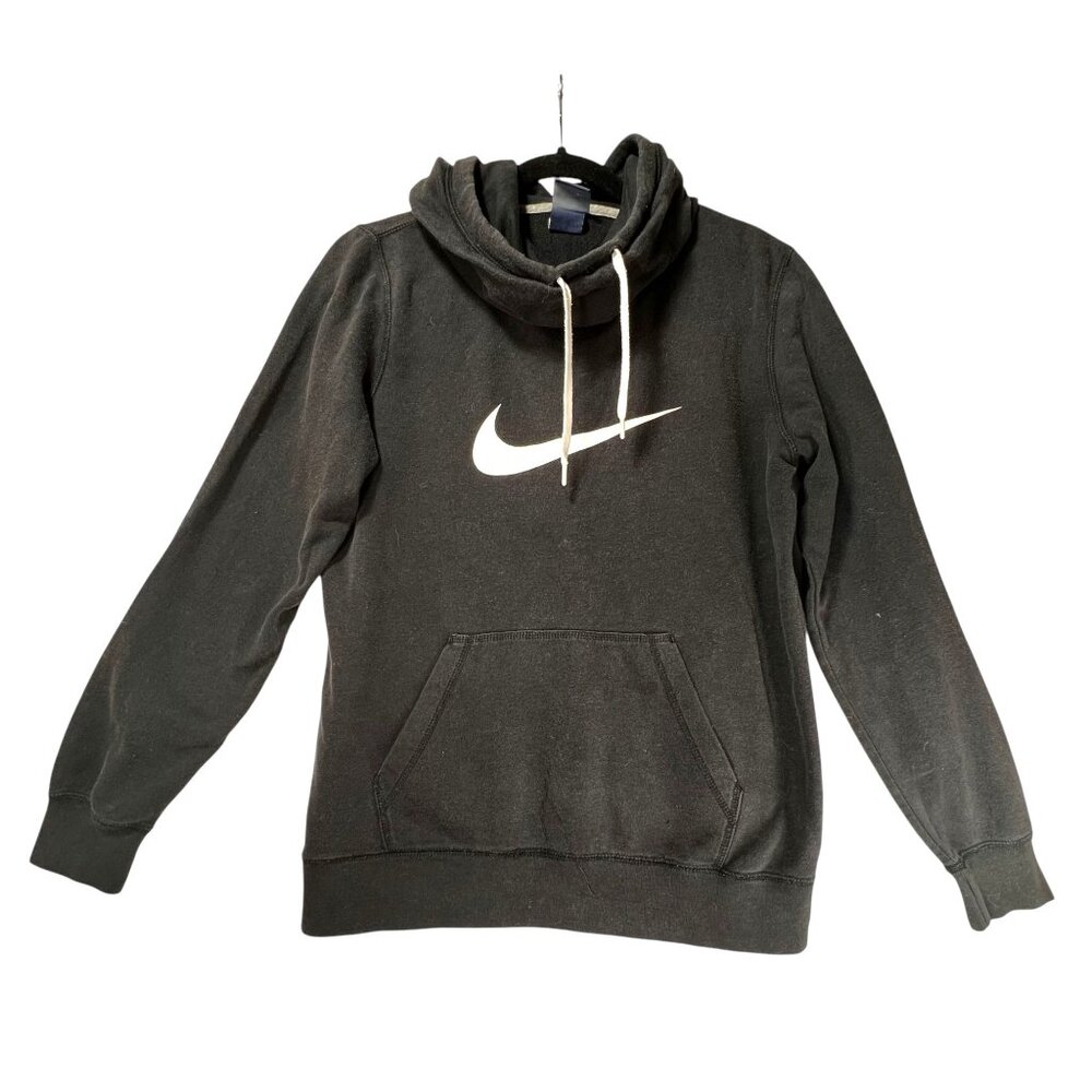 Nike Black Pullover Hoodie Swoosh Drawstring Sweatshirt Pockets Youth Large